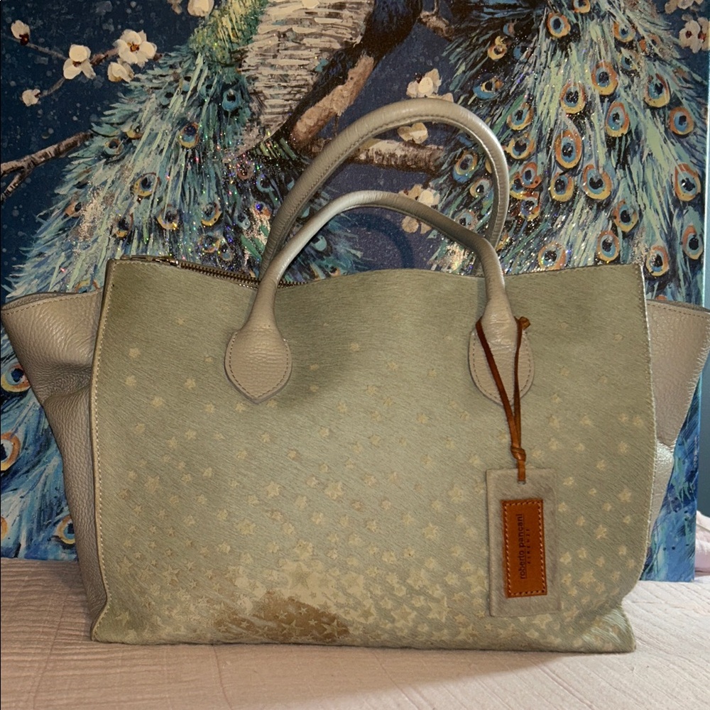 Roberto Cantani Large Gray Pebbled Leather Tote 2 Way Bag